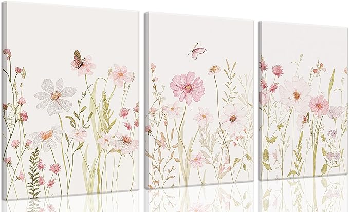 MTFBWY Floral Canvas Wall Art Flower Framed Art Prints Set of 3 Pink Wildflower Printing Botanical Nursery Pictures Wall Decor Artwork for Living Room Bedroom Bathroom 16x24in