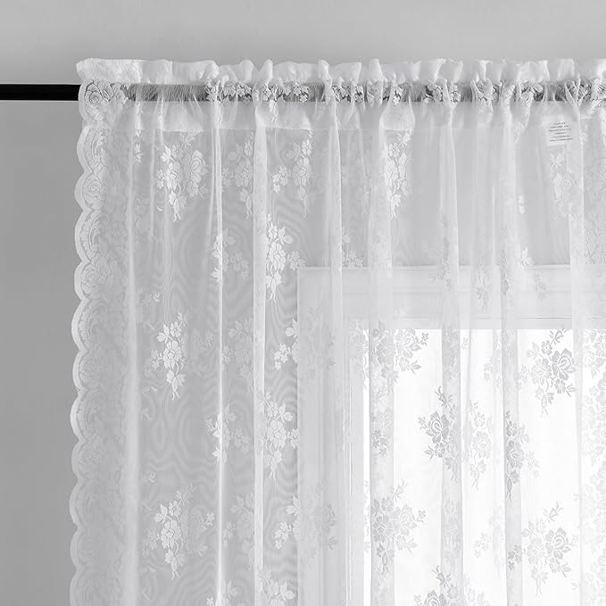 Kotile White Lace Kitchen Curtains 30 Inch Length 2 Panels Rustic Floral Retro Short Lace Curtains for Small Bathroom Windows Doors Decor, Rod Pocket Privacy Sheer Café Curtain, 42 x 30 Inch