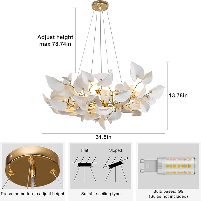 YUYI 31.5" Gold Tree Branches Chandelier, Ceramic Hearted Leaf Chandelier, Modern Round Chandeliers for Dining Room, Living Room Over Table, Kitchen, Foyer, Bedroom, Elegant Art Deco