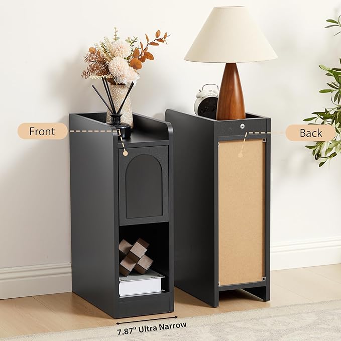 Narrow Nightstands Set of 2, Slim Bedside Tables with Raised Edge Top, Arched Drawer & Open Shelf, Modern Wooden Small End Tables for Bedroom Small Spaces (2, Black)