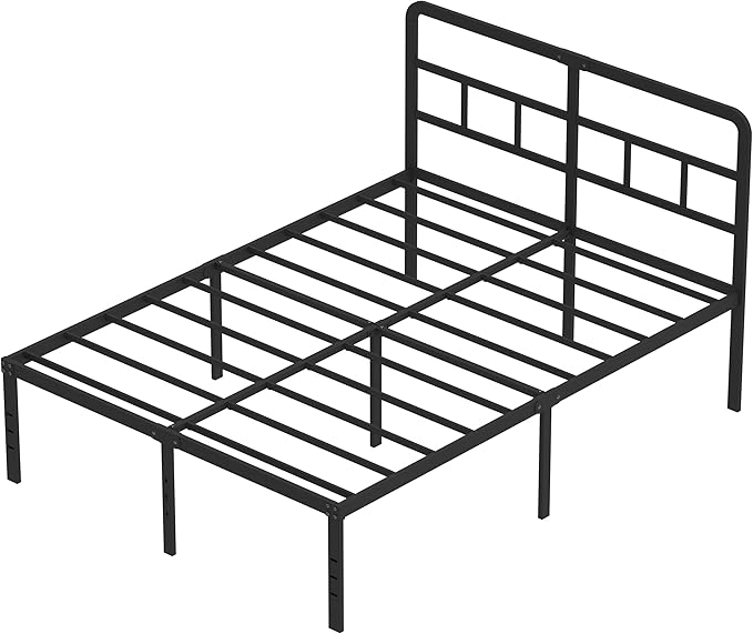 18 Inch Queen Bed Frame with Headboard No Box Spring Needed, Heavy Duty Metal Queen Size Platform with Steel Slat, Mattress Foundation, Easy Assembly, Noise Free, Black