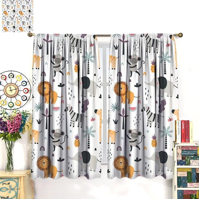 Cute Cartoon Animals Curtains Tropical Jungle Animals Elephant Giraffe Monkey Lion Modern Abstract Aesthetics for Kids Boys Bedroom Nursery Rod Pocket Decoration Window Drapes 2 Panels W21xL63in