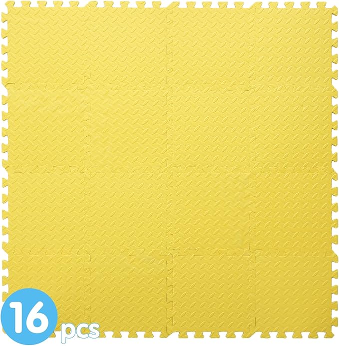 Coolcandy EVA Foam Play Mat, 16 Tiles Colorful Baby Play Mat, Square Kids Playmat with Solid Colored, 0.4" Thickened Interlocking Foam Floor Tiles, Puzzle Play Mat for Baby Lying, Playing (Yellow)