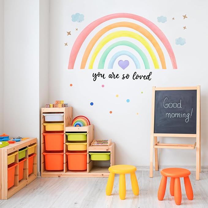 Containlol Rainbow Wall Decals, Playroom Wall Decor for Girl Room, Watercolor Peel and Stick Wallpaper, Boho Wallpaper 30 x 14 Inch Heart Art Stickers for Toddler Bedroom Nursery(Light Color,Lively)