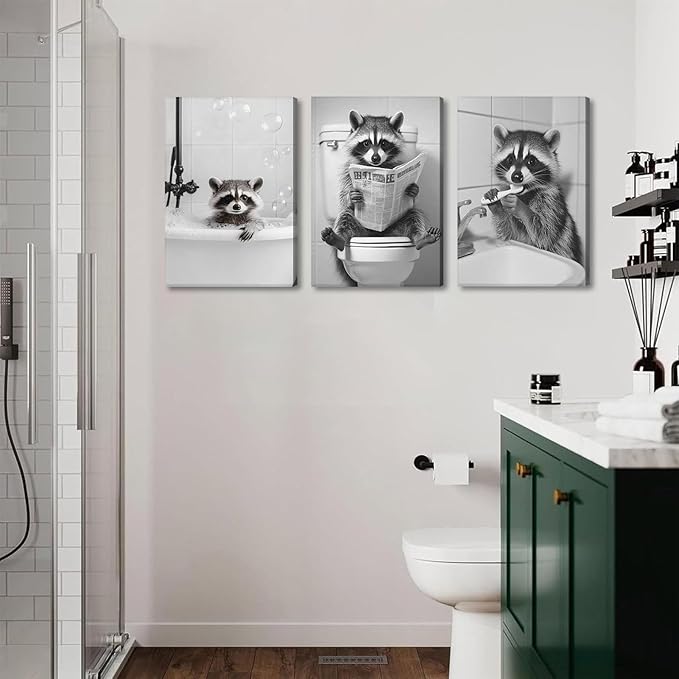 Funny Raccoon Bathroom Canvas Wall Art set of 3 Black and White Cute Raccoon Sitting on Toilet Poster Print Artwork Humor Adorable Animals Pictures Wall Decor for Washroom Restroom laundry 12x16in