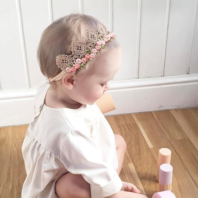 Baby Girl Flower Hair Bows Nylon Headbands, 6PCS Stretchy Soft Floral Hairbands Crown, Handmade Hair Accessories for Newborn Infant Toddler