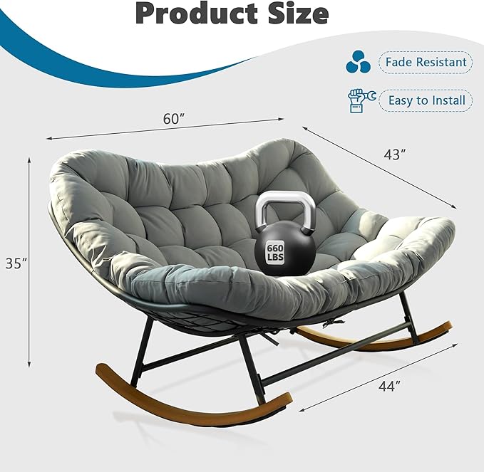 Double Papasan Rocking Chair Outdoor & Indoor, Oversized Rocking Reclining Loveseat with Thick Cushion and Frame, 660LBS Capacity Rocking Egg Chair for Patio Porch Living Room, Gray
