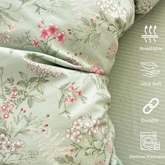 Duvet Cover Twin 2Pcs Green Pink Floral Bedding Set for Girls Kids Botanical Flower Bedding Reversible Striped Pattern Soft Microfiber Sage Green Bedding with 1 Pillowcase(No Comforter)