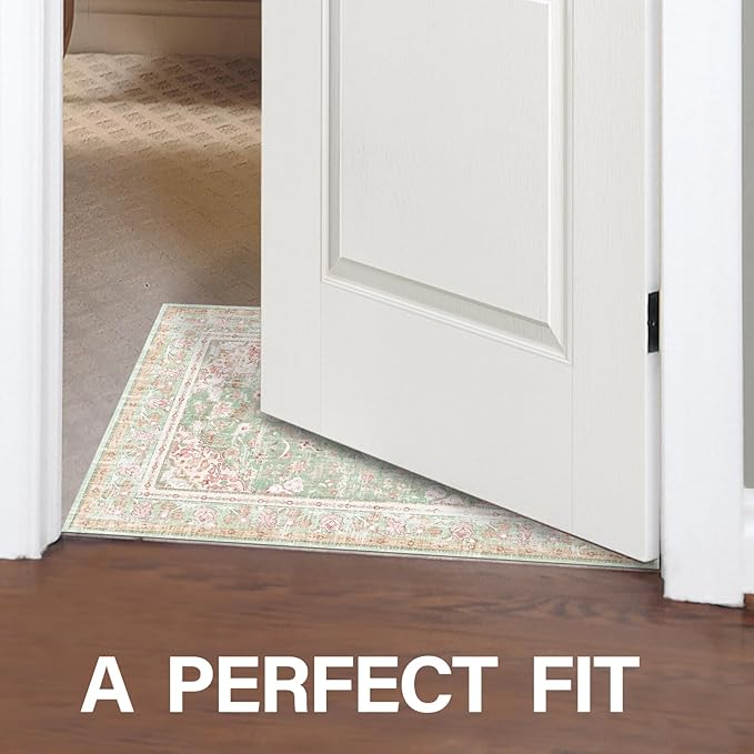 Vhong Washable Area Rugs Boho Vintage Modern Neutral Small Carpet Green and Pink High Traffic Rugs 2×3 for Bathroom Kitchen Entryway Non Slip