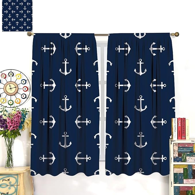 Nautical Curtains,MarineThemed Oceanic Anchor Pattern Blackout Print Home Bedroom Living Room Window Treatments 2 Panel Set 42x63 Inch