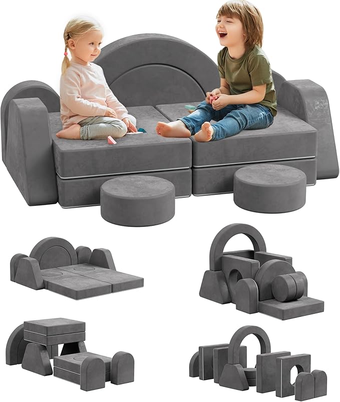 12 PCS Modular Kids Play Block Couch Child Sectional Sofa Toddler Building Fortplay Bedroom Playroom Baby Convertible Floor Foam Cushion for Boys & Girls (Dark Gray-Double)