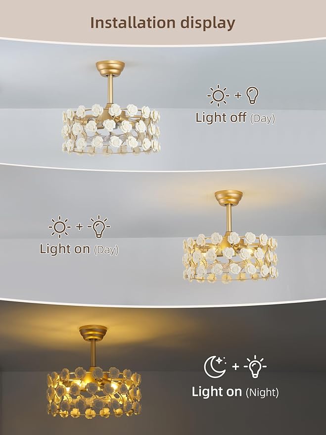 20" Gold Fandelier Ceiling Fan with Light, Caged Flower Chandelier Ceiling Fans with Lights Remote Control, Mid-Century Modern with 6 Speeds for Bedroom, Nursery