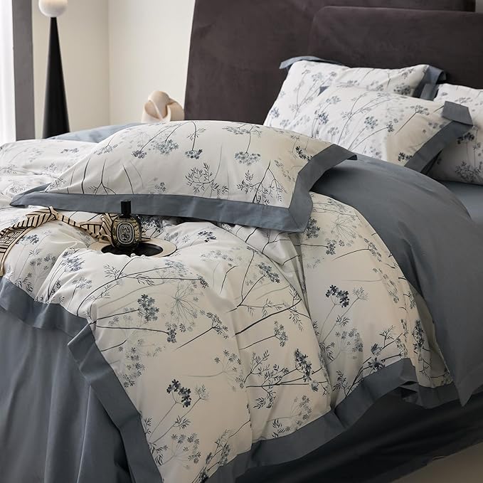 Blue Floral Duvet Cover Full Girl Soft Cotton Flowers Bedding Set with 2 Pillowcases Vintage White Blue Botanical Bedding Duvet Cover Sets for Full Bed,Chic Shabby Bedding,All Season
