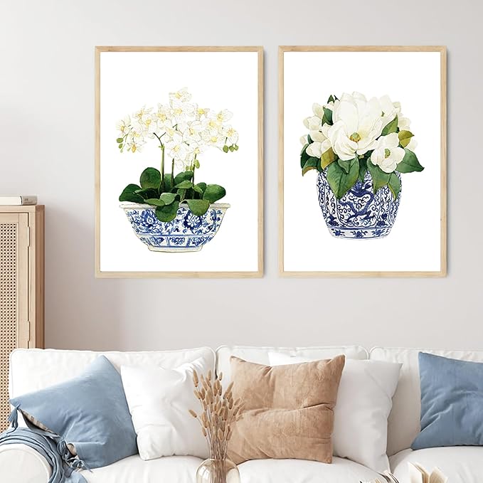 White Orchid & Magnolia Watercolor Art Canvas Blue And White Chinoiserie Wall Art Print Oriental Vase Blue White Willow Style Porcelain Flower Jar Picture Poster Decor Unframed (12x16Inch Unframed)