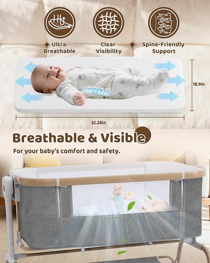 Baby Bassinet, Rocking Bedside Sleeper, Detachable & Portable Bassinet with 8-Level Height, Breathable Mesh, Storage Basket & Rotating Mobile Toy for Newborns Infant(Light Grey)
