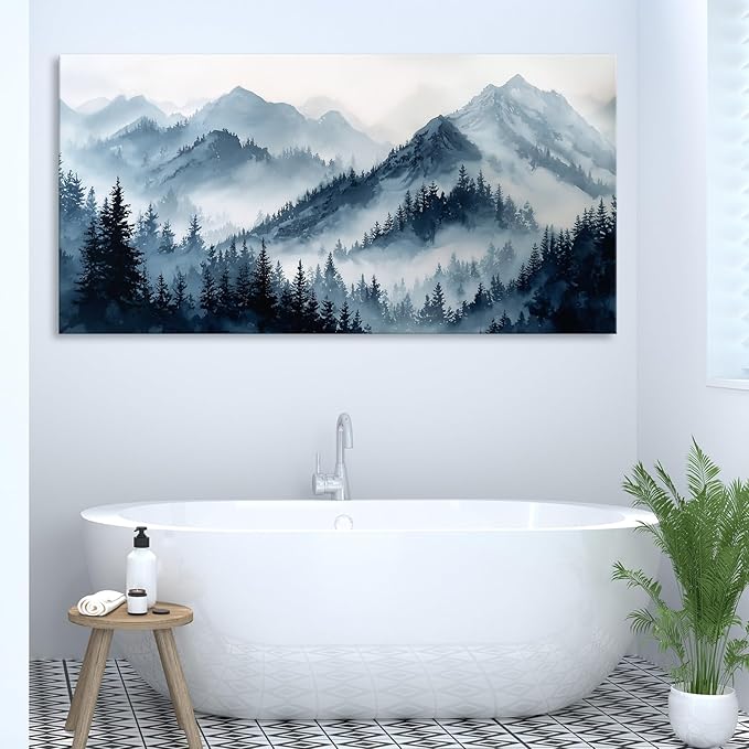 Blue Forest Canvas Wall Art Nature Foggy Mountains Landscape Pictures for Living Room Misty Watercolor Pine Tree Wall Decor Indigo Woodland Scenery Canvas Prints Artwork Office Home Decoration 12"x24"