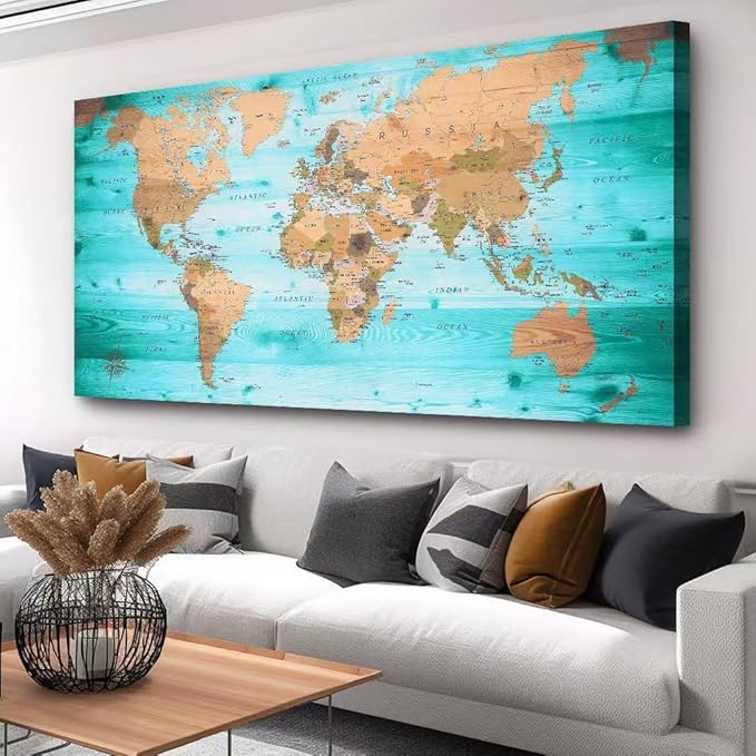 Large Wall Art Blue map of The World Painting Ready to Hang 24"x48"Large Framed Wall Art World Map Canvas Map Decorations Artwork Prints