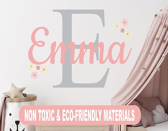 Custom Name and Initial Flower Wall Decals - Personalized Nursery Name Sticker for Girls - Vinyl Wall Art for Baby Room - Flowers Name Stickers Decor - Flower Mural Sticker for Girls Bedroom