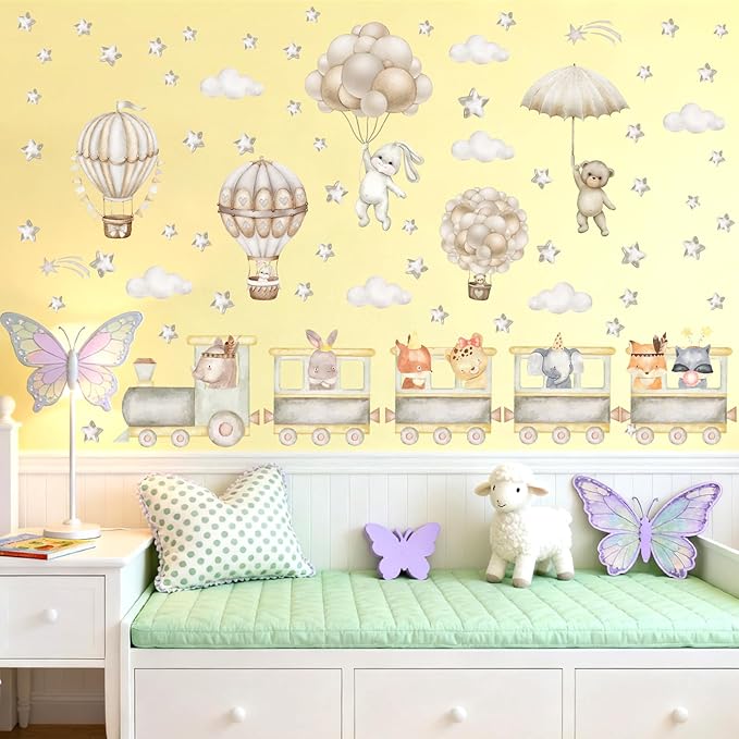 Train Animal Wall Decals Cartoon Hot Air Balloon Animal Wall Stickers Watercolor Star Cloud Decals Boho Nursery Decal Cute Animal Train Stickers for Kids Bedroom Baby Room Playroom Decor