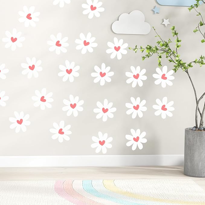 12 Sheets Daisy Wall Decals, Pink Heart Daisy Flowers Wall Stickers, Large Vinyl Peel and Stick for Living Room Bedroom Baby Girls Room Nursery Room Decoration