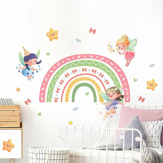 Tanlaby Large Rainbow Fairy Wall Stickers Elf Stars Wall Decals Peel and Stick Wall Art Sticker for Girls Bedroom Baby Nursery Kids Playroom Daycare Classroom Decor