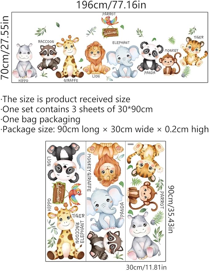 Large Safari Animals Educational Wall Decals Jungle Animals Wall Stickers Lion Panda Giraffe Monkey Tiger Wall Decor Murals for Nursery Kids Room Playroom