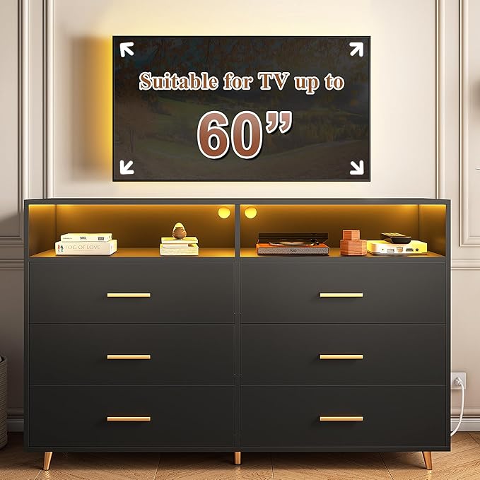 Black Dresser with LED Lights, Wood Dresser for Bedroom with 6 Wide Large Drawers,2 Open Shelves Top, Elegant Chest of Drawers for Living Room Hallway Entryway, 47.2" W