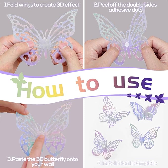 96 Pcs Butterfly Decorations 3 Sizes 4 Styles 3D Butterfly Wall Decor Party Decorations Butterflies for Crafts Birthday & Wedding Celebrations Cake Decorating Balloons Removable Stickers Dazzling