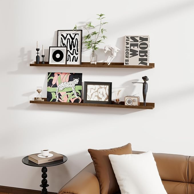 Fun Memories Picture Ledge Shelf, Pine Wood Floating Shelves Set of 2, 55 inch Nursery Book Shelves, Photo Ledge Book Shelves Wall Mounted for Living Room Kids' Room Bedroom - Walnut