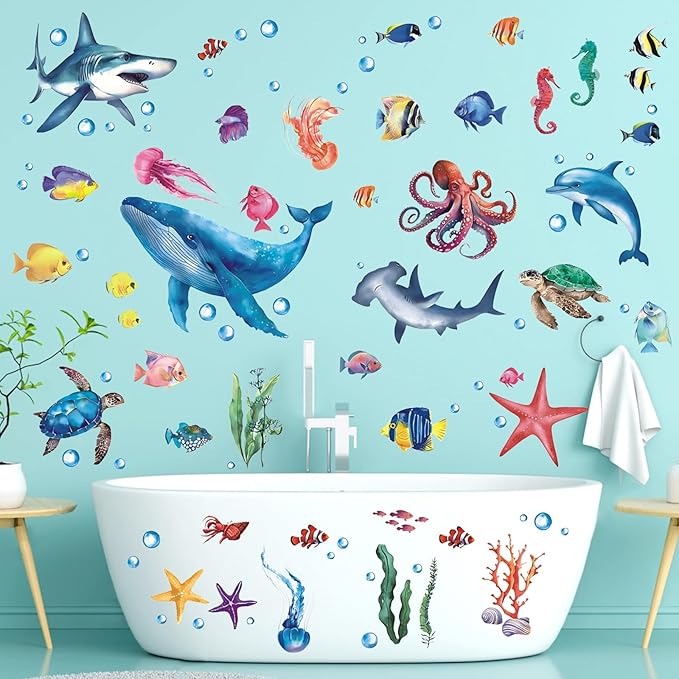 110 Pieces Under The Sea Wall Decals, Ocean Fish Jellyfish Starfish Coral Reef Seaweed Removable Stickers for Kids Baby Boys Bedroom Nursery Living Room, Sea Life Marine Animal Underwater Theme