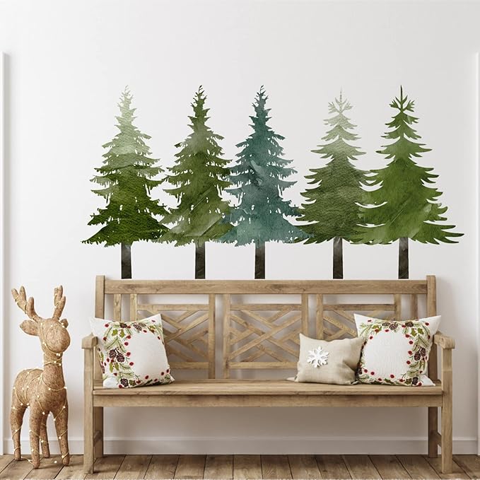 Watercolor Pine Tree Wall Stickers Large Tree Wall Decals Peel and Stick Green Trees Decals Christmas Trees Sticker Woodland Forest Trees Sticker for Nursery Bedroom Kids Room Decor