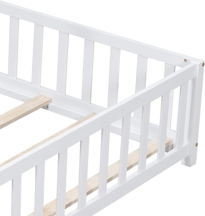 Full Size Floor Platform Bed with Fence and Lockable Door, Wood Montessori Bed Frame with Slat Support for Kids,Girls,Boys, Easy to Assemble,White