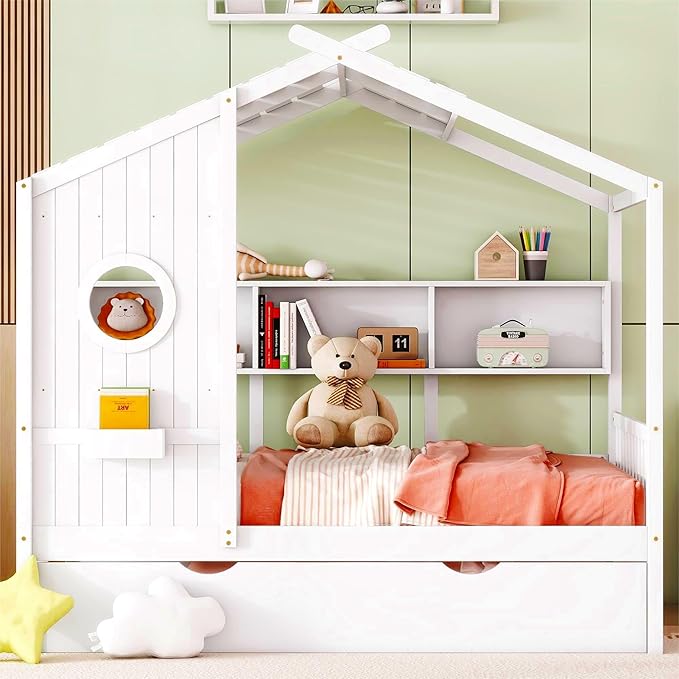 Full Size House Bed with Roof and Window for Kids, Wooden Playhouse Bed with Storage Shelves and Trundle for Bedroom Furniture Girls & Boys (White/T2)