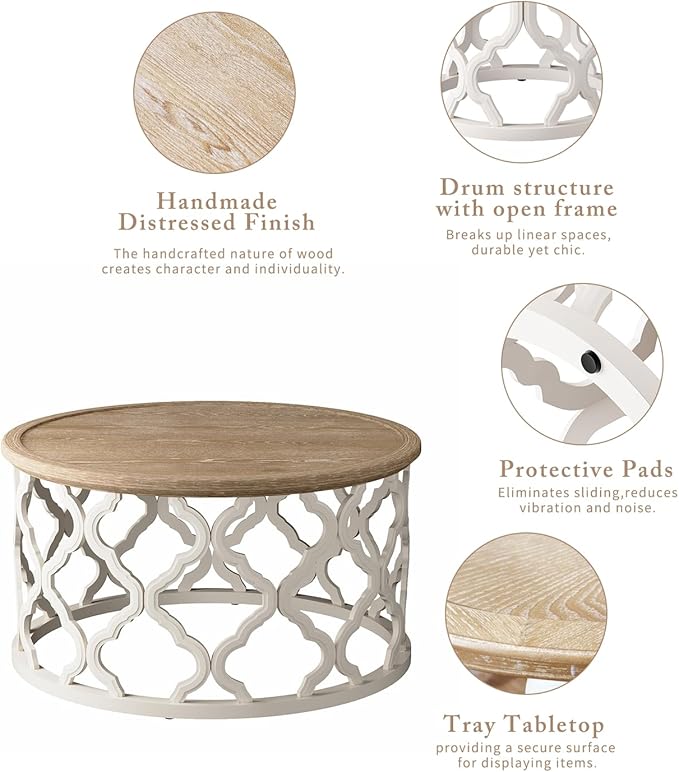 karlott Farmhouse Coffee Table, French Country Round Coffee Table with Distressed Tray Top, Coastal Coffee Table with Curved Motif Frame Base, Boho Coffee Table for Living Room, Dining Room, Bedroom