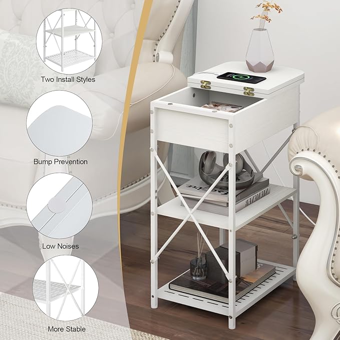 Livofloral Narrow Side Table with Charging Station, End Table with 3 USB Ports and 2 AC Outlets, Flip Top End Table with Storage, White Side Tables Living Room, Nightstand with Drawer for Bedroom