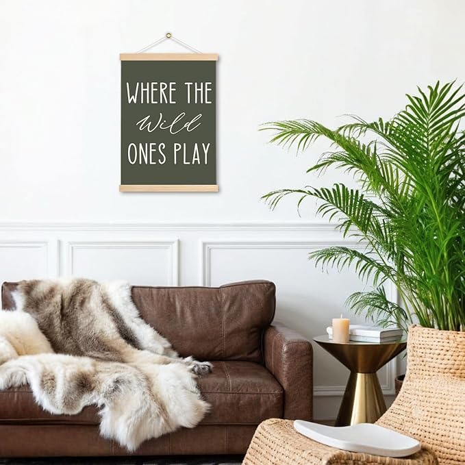DNEULYR Green Nursery Wall Art Poster, Kids Playroom Wall Decor, Where the Wild Ones Play Poster Hanger Frame for Toddler Kids Room Bedroom Nursery Playroom, 12x16 Inches