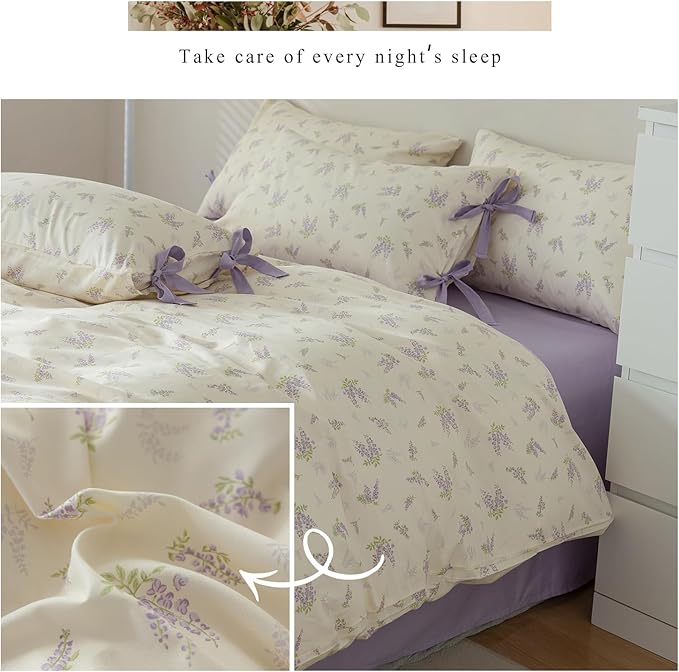 HighBuy Botanical Floral Duvet Cover Full Boho Duvet Cover Set Soft Cotton Coquette Bedding White Duvet Cover Set Floral Duvet Cover,Soft Cotton Full Bedding Set with 2 Bowknot Bow Tie Pillowcases