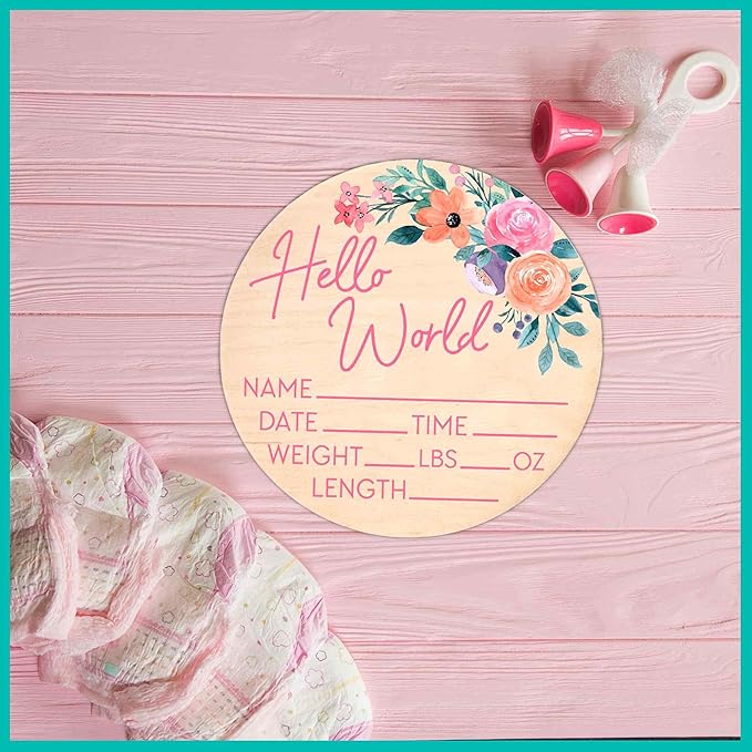 Hello World Newborn Sign - Baby Name Birth Announcement Plaque for Hospital - Photo Prop - Floral Pink Nursery Decor - Shower Gift