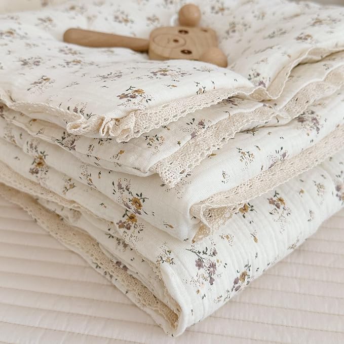 BuLuTu Muslin Toddler Quilt for Boys Girls Cute Flowers Printed Kids Quilted Comforter Cotton Muslin Toddler Bedding Nursery Quilts for Toddler Bed, Crapemyrtle Pattern, 60"x78"