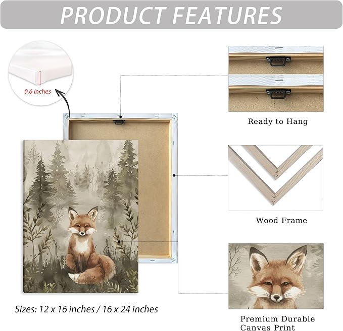 ICHZUMW Woodland Animals Nursery Wall Decor, Nursery Wall Art, Watercolor Bear Fox Deer Painting Print Artwork for Boys Girls Kids Room, Wrapped Canvas, Ready to Hang, 16x24in, Set of 3