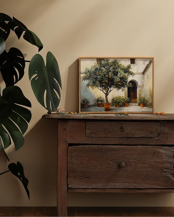 ARPEOTCY Vintage Framed Canvas Wall Art, 12x16inch, Farmhouse Courtyard with Orange Tree Wall Decor, Country Art Prints Home Decorations, Landscape Paintings for Living Room Bedroom Shelf Decor