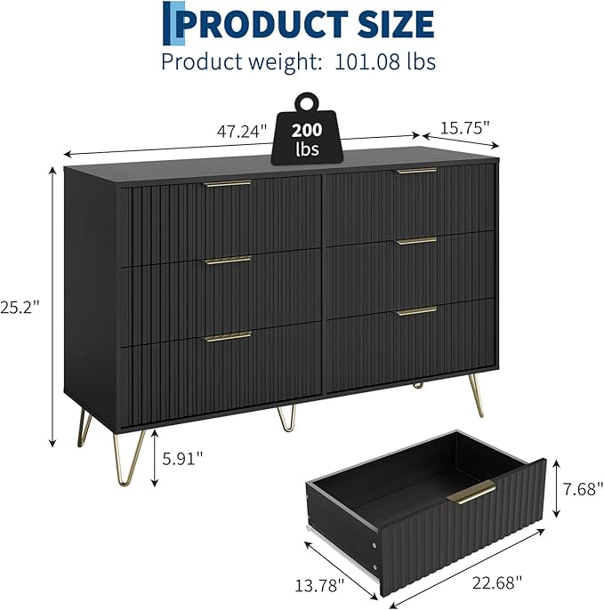 Garvee Fluted Dresser for Bedroom with 6 Drawers,47" Wide Modern Chest of Wooden Bedroom Chest with Metal Handle,Clothes Storage Organizer,Closet Dresser & TV Stand for Living Room,Hallway,6&Black