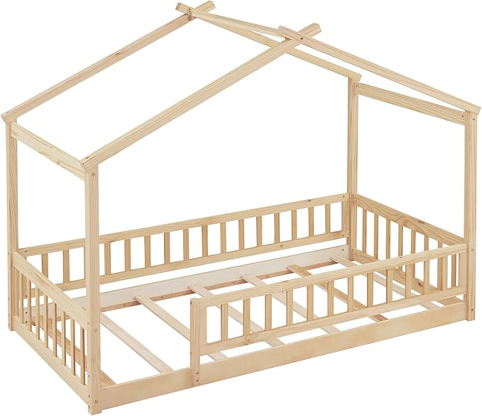 Merax Twin Size Wooden House Bed with Fence, Wood Bed Frame with Roof and Safety Guardrail for Kids, Teens, Boys or Girls, Natural