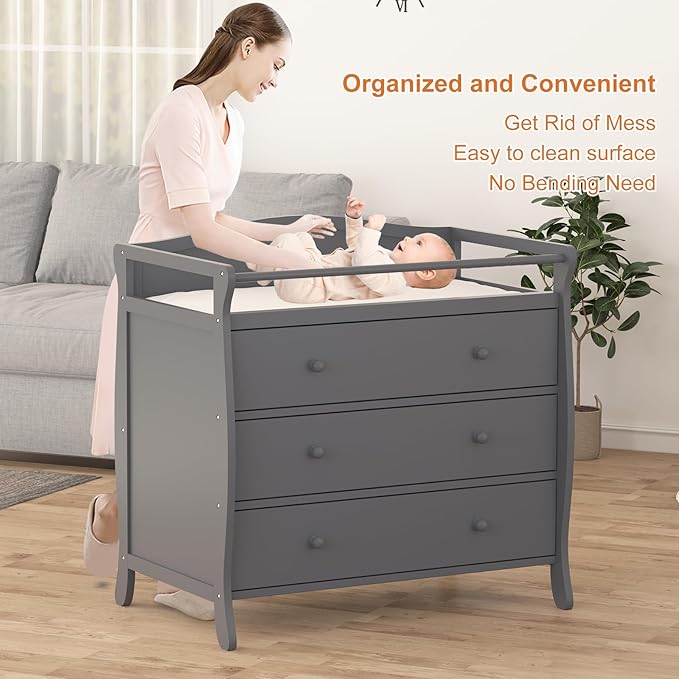 Wooden Diaper Changing Table,Baby Diaper Changing Station Infant Nursing Table with 3 Drawers, Safety Rail & Strap,Modern Baby Changing Table for Bedroom, Nursery