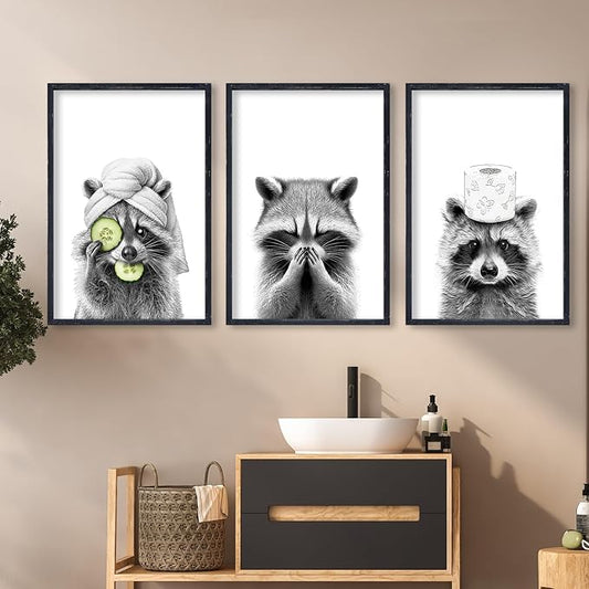 Funny Bathroom Adorable Raccoon Wall Art Decor 16x11 Inch Set Of 3 Laundry Animal Prints Wooden Framed Signs Rustic Washroom Interesting Modren Artwork Wall Hanging Deoration (Black)