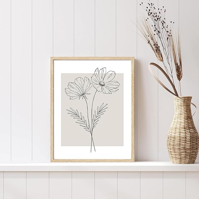 CHMMART 3 Piece Neutral Flower Framed Wall Art Beige Minimalist Floral Canvas Art Prints Boho Botanical Line Pictures Wall Decor Artwork Painting for Living Room Bedroom Office 12x16in