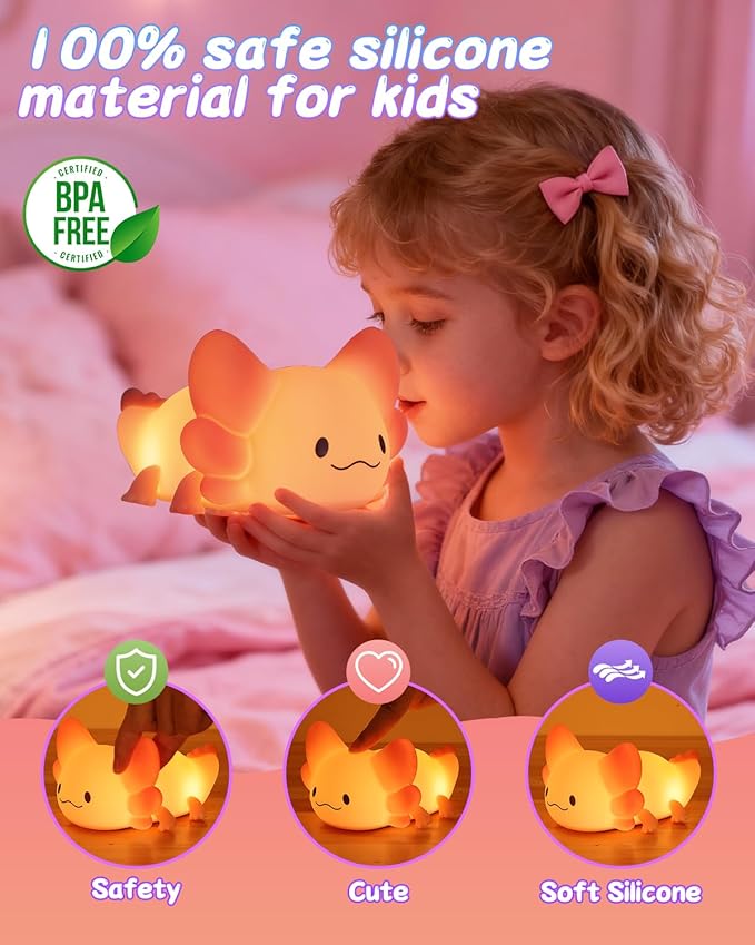 ZKLiLi Remote Axolotl Kids Nightlight,Cute Lamp Dimmable Axolotl Night Light Gifts with Timer & 16 Colors,Rechargeable Bedroom Smart LED Bedside Lamps Toddler Night Light（Remote）