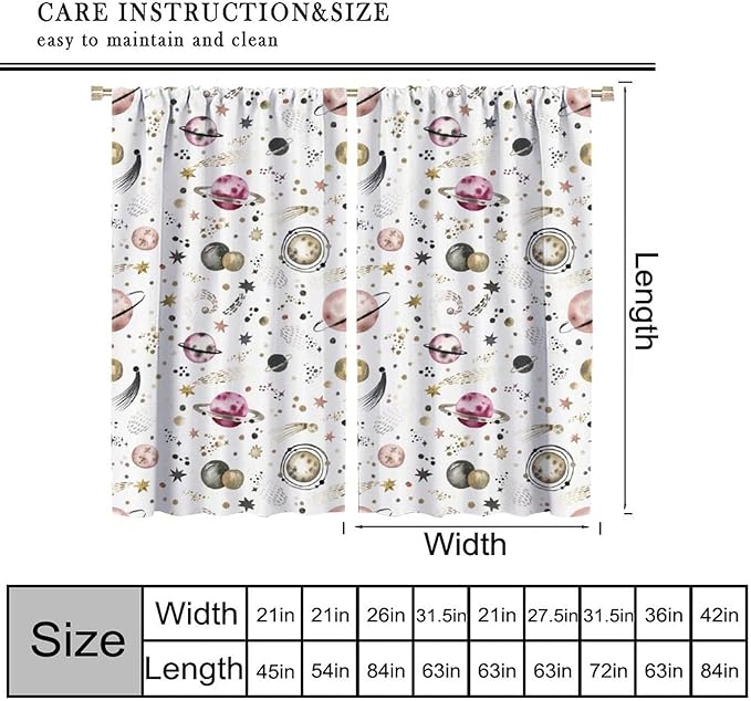 Kids Outer Space Curtains, Cartoon Galaxy Planet Universe Starry Starts Printed Window Drapes for Boys Girls Teens Bedroom Nursery 55" W X 63" L