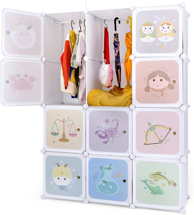 INFANS Children Wardrobe, Kid Closet Portable Baby Dresser Cute for Kids Bedroom Nursery Armoire with Doors 12 Cube 2 Hanging Sections, Kid Clothes Storage Organizer