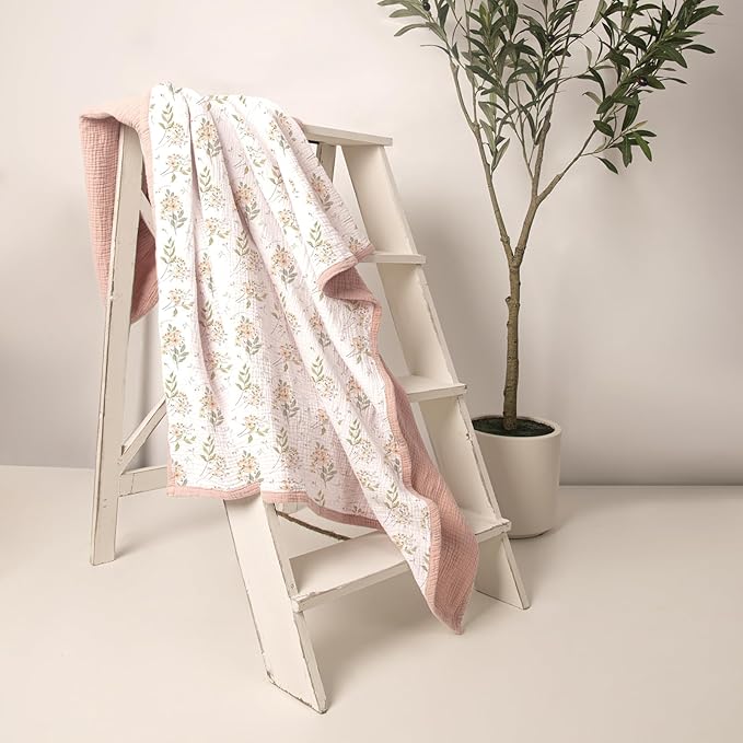 lulumoon Muslin Baby Blanket for Girl: Lightweight Cotton for Newborns - Soft Nursery Blanket for Stroller 47"×47"（Pink Floral）